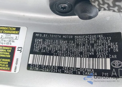 2013 Toyota Corolla Le z USA, uszkodzony, nr VIN 2T1BU4EE9DC024091